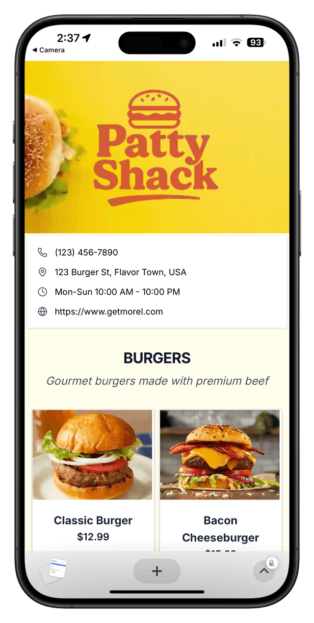 Digital menu example